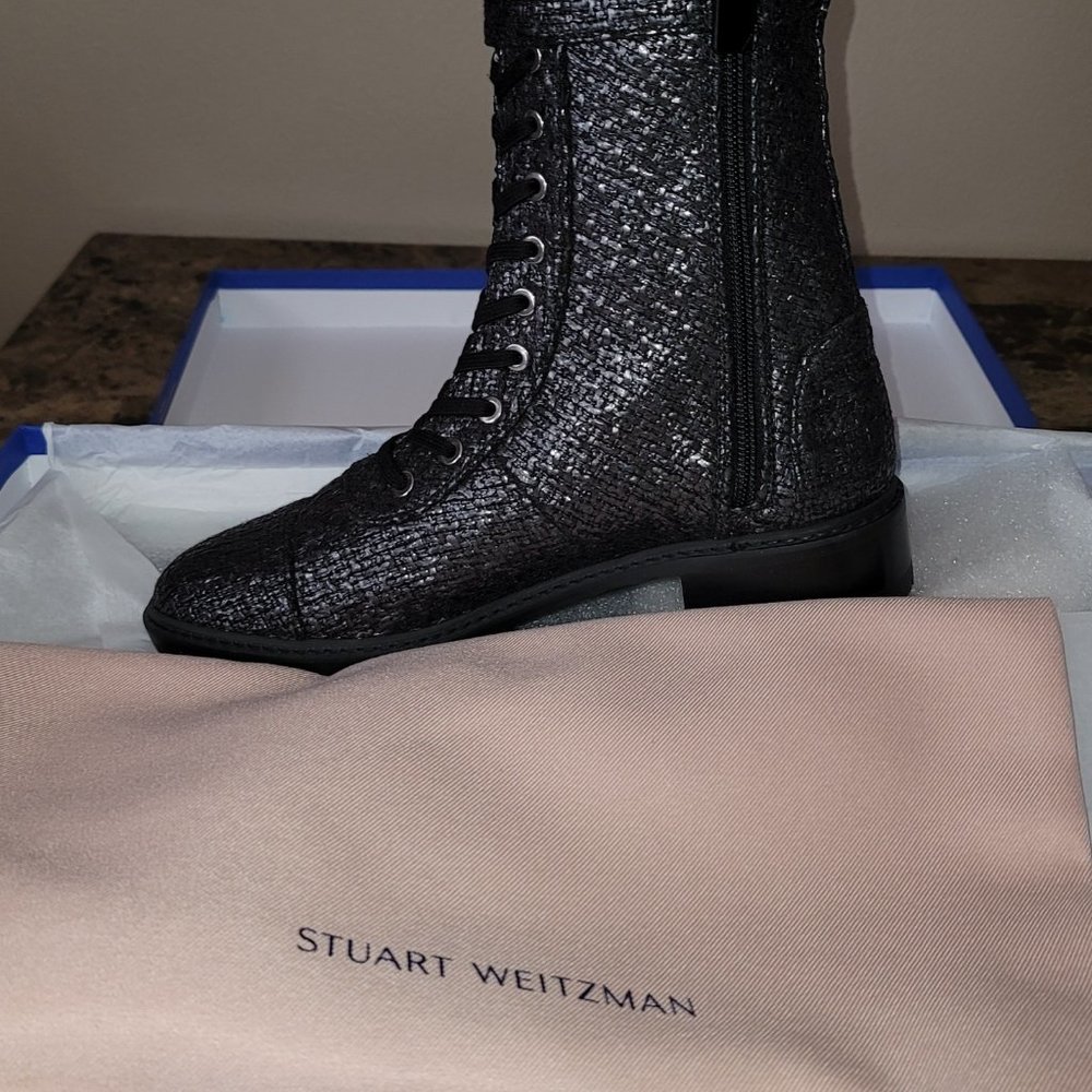 Stuart Weitzman Black Textured Leather Lace-Up Ankle Boots - Picture 3 of 3